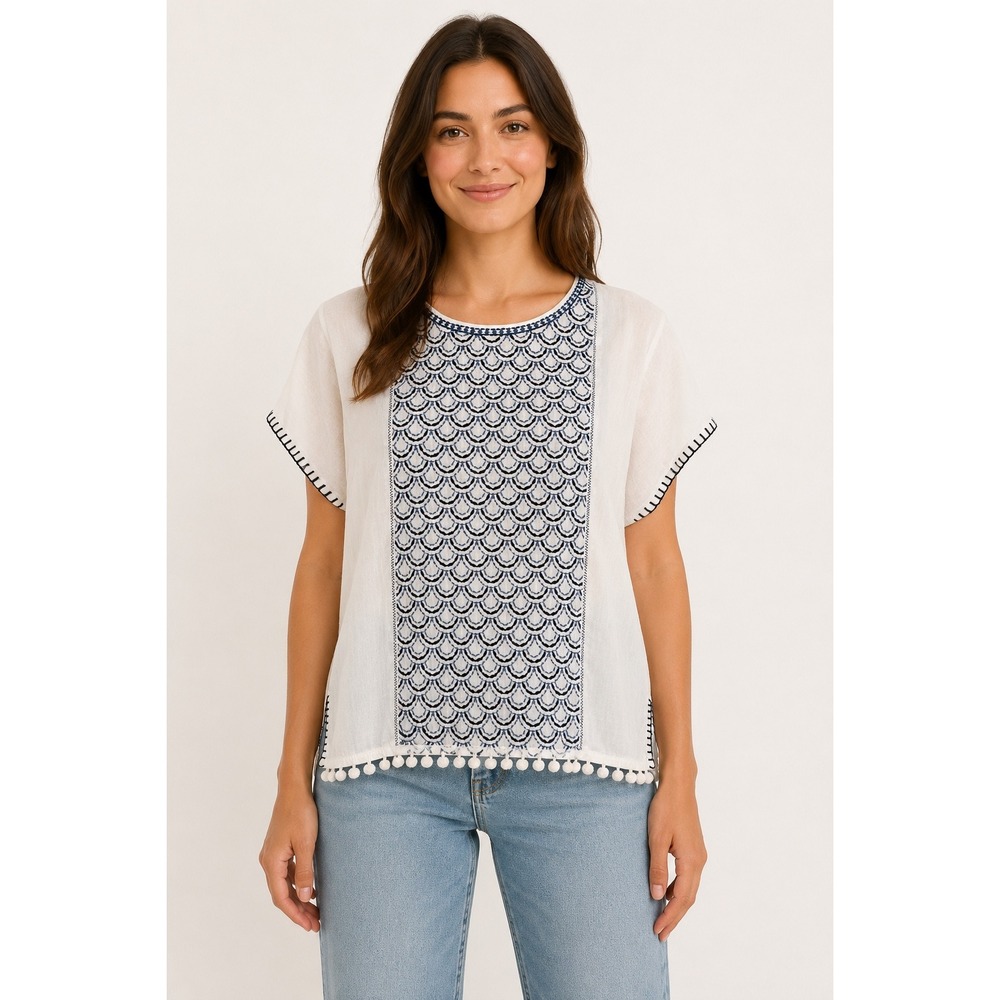 Madewell White Blue Embroidered Pom Pom Hem Boho Blouse XS F2131 Coastal Summer